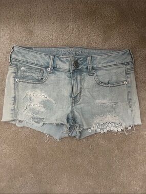 American Eagle Outfitters Light Blue Distressed Lace-Trim Denim Shorts
